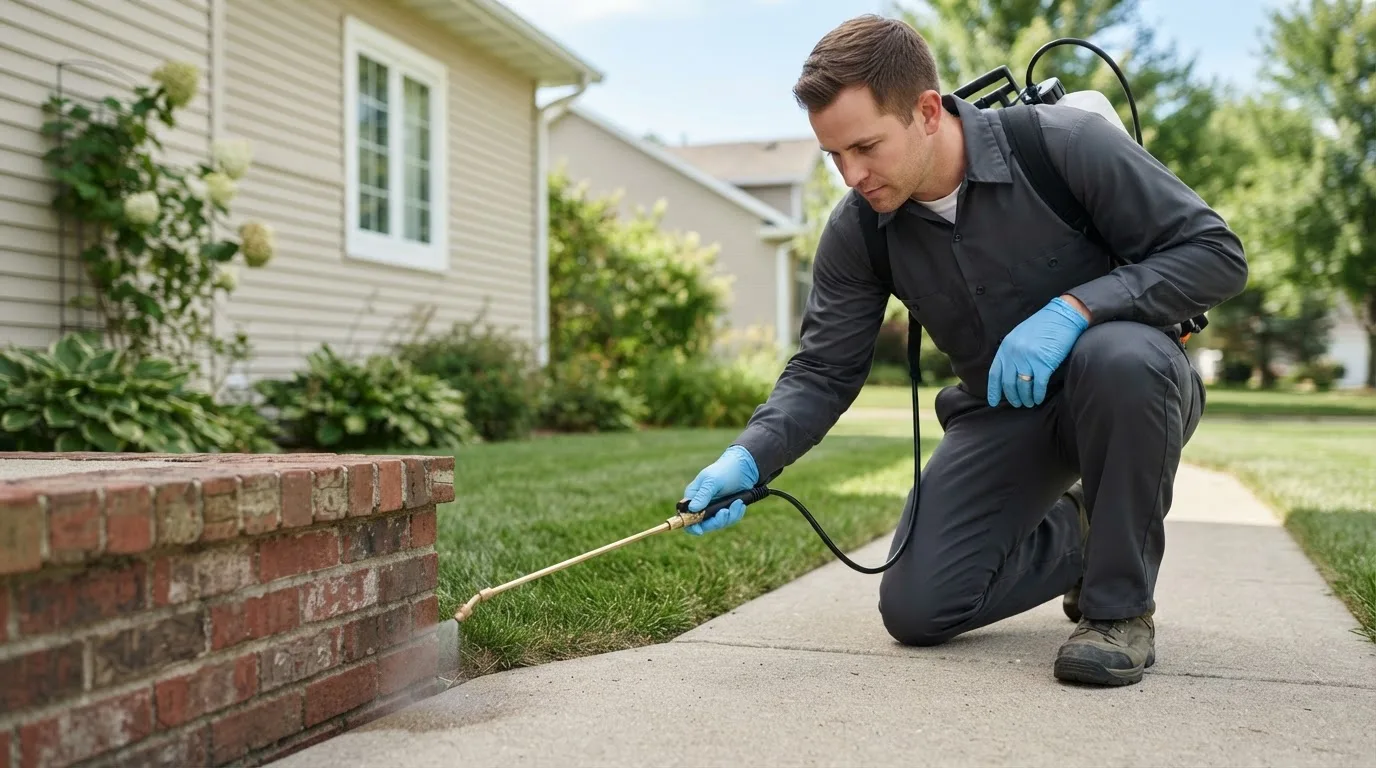 Pest control technician treating a home near Shirley, IL
