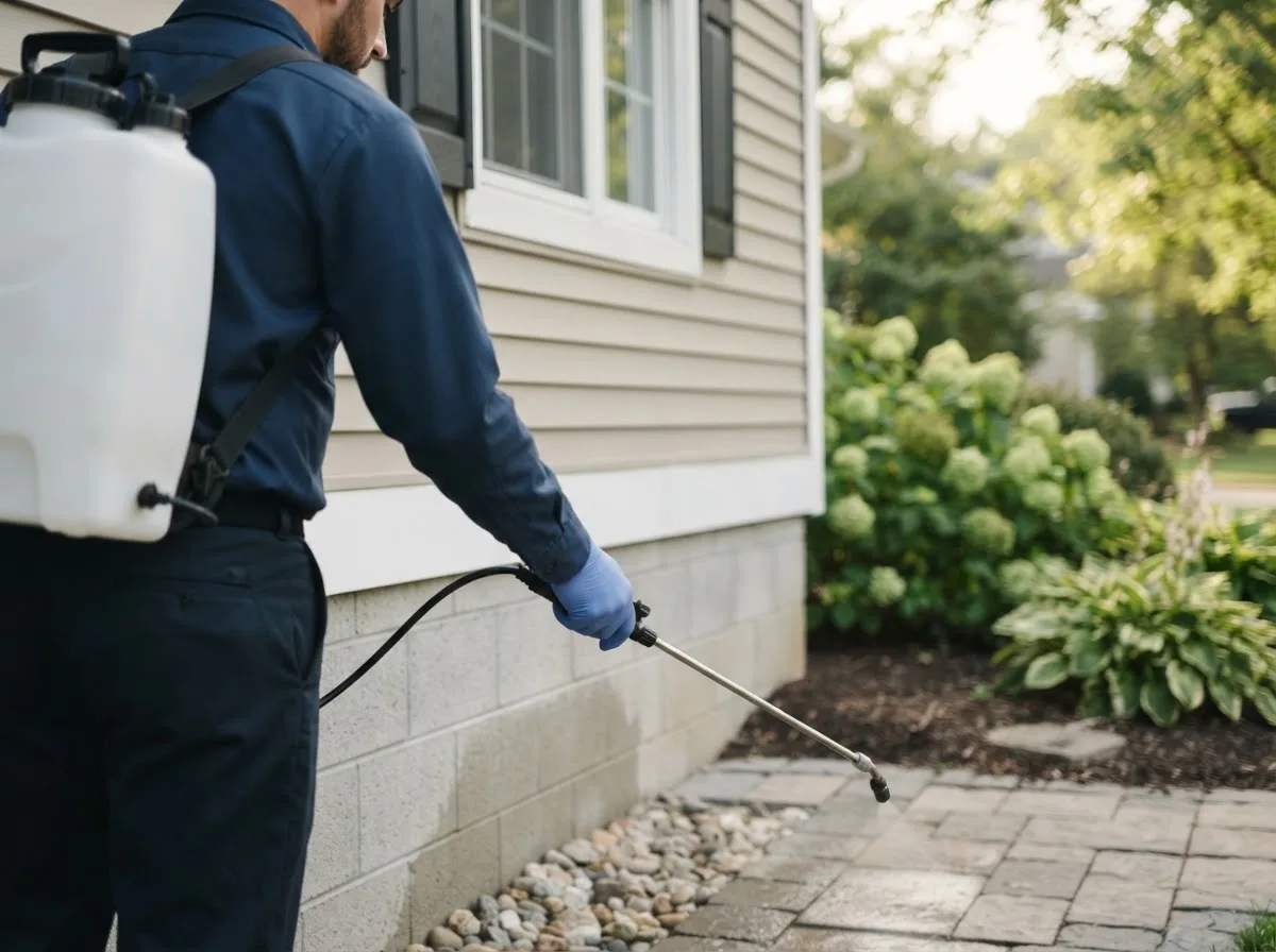 Pest control technician inspecting a home in Shirley, IL